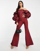 Asos Luxe Satin Bardot Jumpsuit In Wine-purple