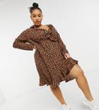 Yours Exclusive Long Sleeve Mini Wrap Dress In Brown Animal Print