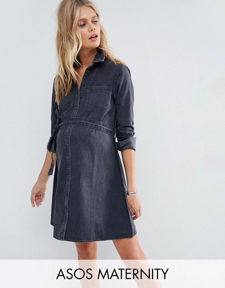 Asos Maternity Denim Belted Shirt Dress In Washed Black - Black