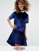 Milk It Vintage Oversized T-shirt Dress With Frill Hem In Velvet - Blue