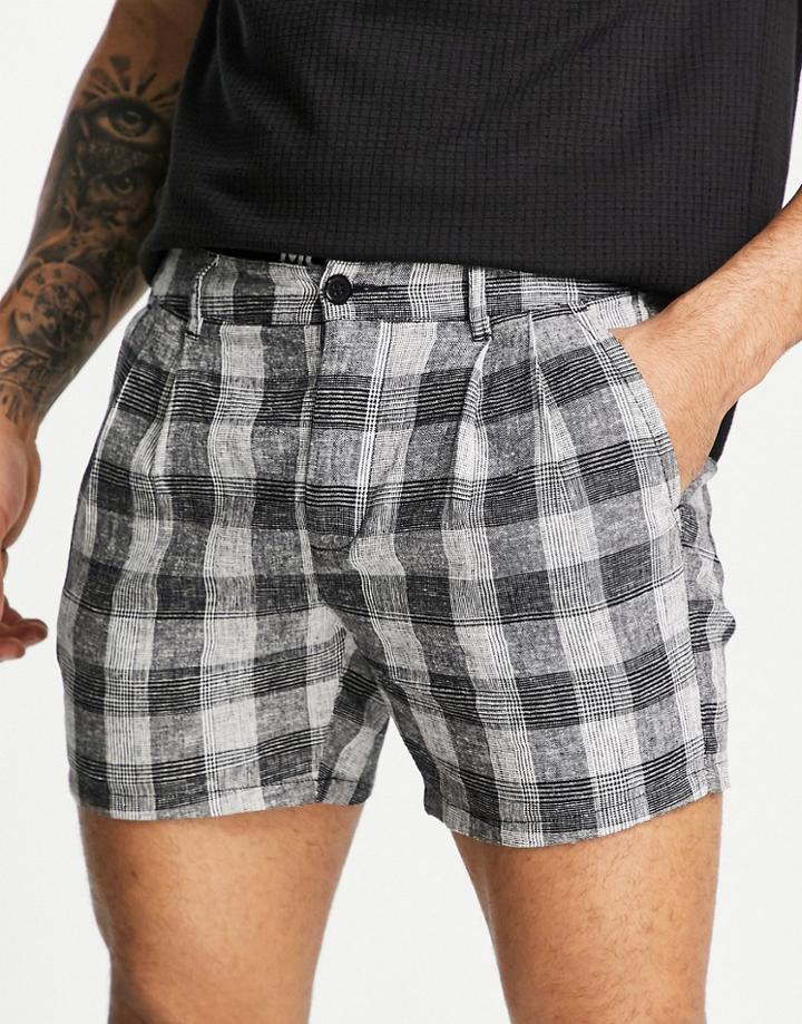 Asos Design Linen Cigarette Shorts In Gray Plaid
