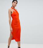 Asos Tall Hammered Satin Strappy Pencil Midi Dress-orange