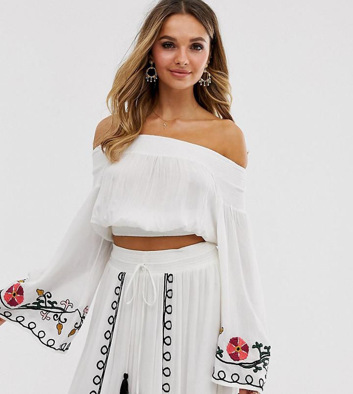 Violet Skye Off Shoulder Embroidered Balloon Sleeve Crop Top In Cream - Cream