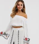 Violet Skye Off Shoulder Embroidered Balloon Sleeve Crop Top In Cream - Cream