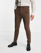 Asos Design Wedding Skinny Wool Mix Pants In Brown Basketweave Texture
