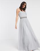 Asos Design Tulle Embellished Waist Cami Maxi Dress In Silver Blue-multi
