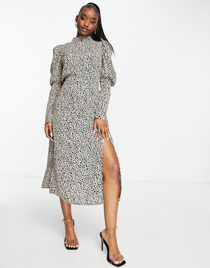 Ax Paris Midi Dress With Ruched Sleeve In Natural Animal Print-neutral
