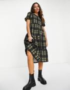 Asos Design Oversized Textured Midi Smock Dress In Black Check Print-multi