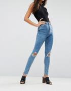 Asos Ridley High Waist Skinny Jeans In Sinclair 80s Acid Wash With Busts - Blue