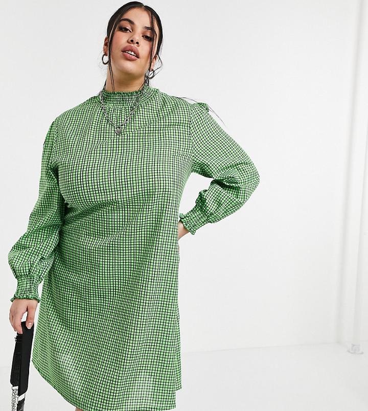 Daisy Street Plus Long Sleeve Mini Dress In Mini Plaid-green