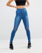 Missguided Vice Super Stretch High Waisted Ripped Knee Skinny Jeans - Blue