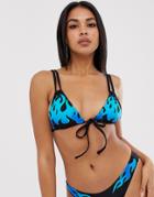 Asos Design Double Triangle Bikini Top In Flame Print - Multi