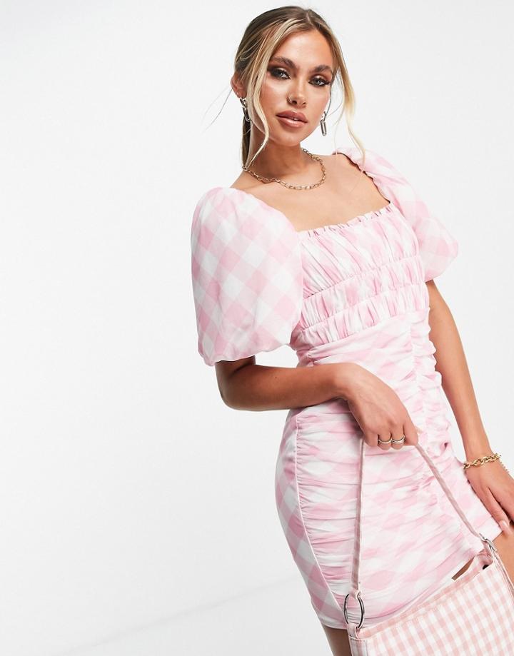 Asos Design Puff Sleeve Ruched Mesh Body-conscious Mini Dress In Pink Gingham Print-multi