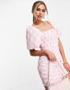 Asos Design Puff Sleeve Ruched Mesh Body-conscious Mini Dress In Pink Gingham Print-multi