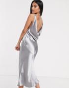 Asos Design Cowl Back Bias Cut Midi Dress With Rhinestone Back Detail In Satin-grey