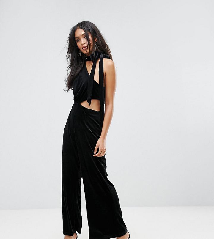 Lioness One Shoulder Choker Detail Velvet Jumpsuit-black