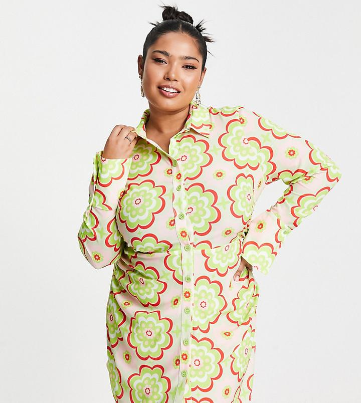 Asos Design Curve Fitted Mini Shirt Dress In Pink Retro Floral Print-multi