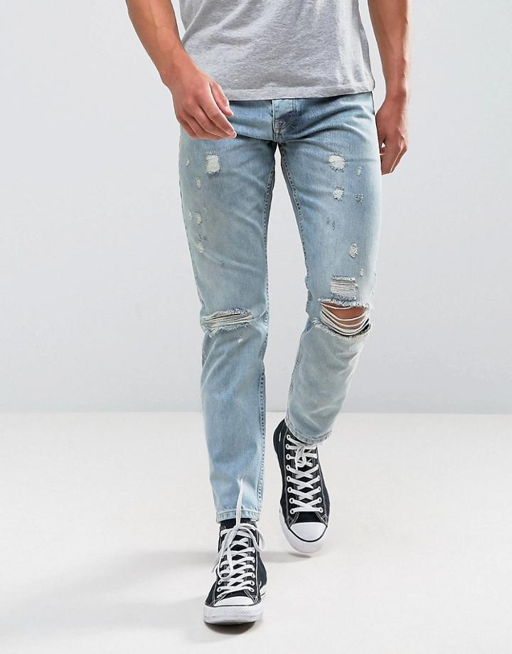 Asos Slim Jeans In Vintage Light Wash With Rips - Blue
