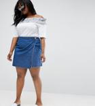 Asos Curve Denim Wrap Skirt In Midwash Blue - Blue