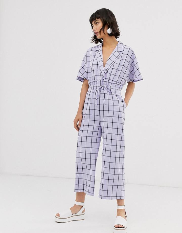 Asos Design Check Tie Waist Jumpsuit With Wide Leg-purple