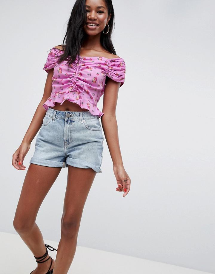 Asos Design Ruche Front Top In Ditsy Floral - Multi