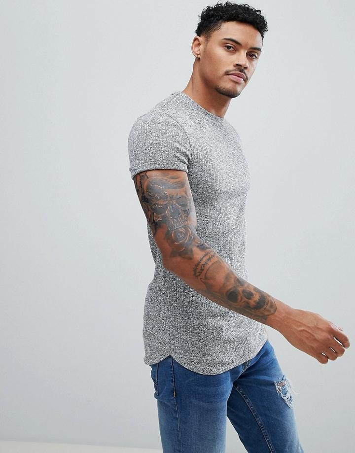Asos Muscle Longline T-shirt With Curved Bound Hem And Roll Sleeve In Twisted Rib - Gray