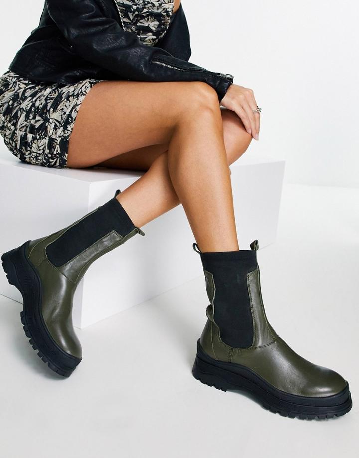 Asra Chayote Pull On Chelsea Boots In Khaki Leather-green