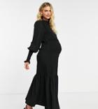 Asos Design Maternity Shirred Pep Hem Midi Dress In Black