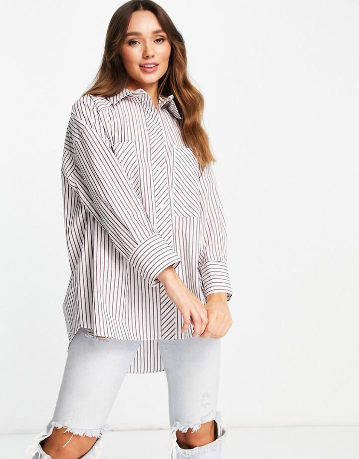 Topshop Striped Oversized Poplin Shirt In Chocolate-brown