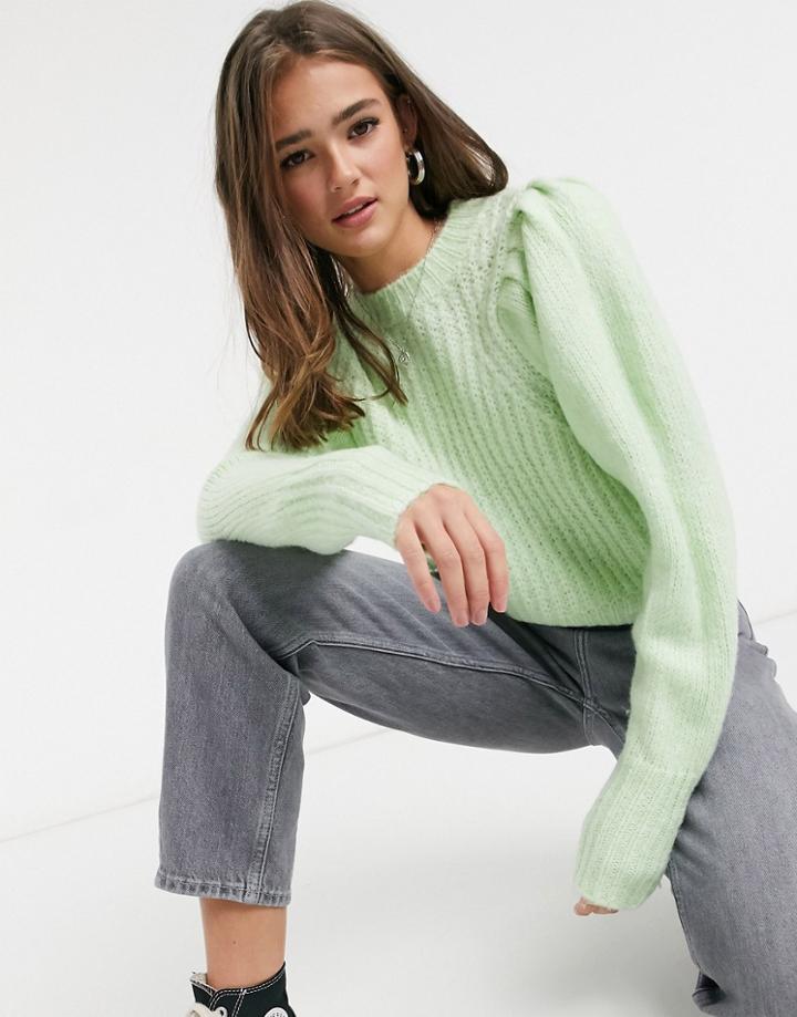 Topshop Pleated Sleeve Sweater In Pastel Green
