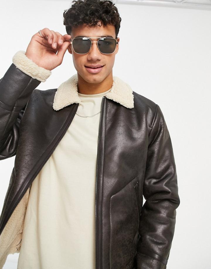 Only & Sons Aviator Jacket In Brown Faux Shearling