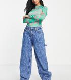 Asos Design Petite Cotton Blend Mid Rise Oversized 'skater' Jeans In Blue Barbed Wire - Mblue