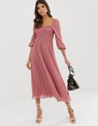 Asos Design Shirred Pleated Midi Dress-pink