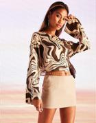 Asos Design Button Through Top With Long Sleeve In Brown Swirl Print-multi