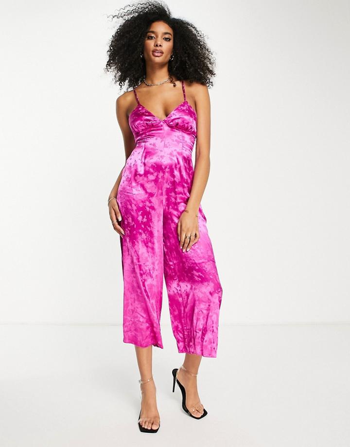 Asos Design Strappy Cami Jumpsuit In Pink Jacquard