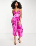 Asos Design Strappy Cami Jumpsuit In Pink Jacquard