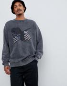 Asos Design Oversized Sweatshirt In Acid Wash With Eagle Print - Black