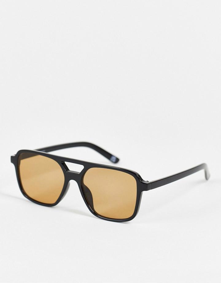 Asos Design Aviator Sunglasses In Black With Brown Lens