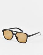 Asos Design Aviator Sunglasses In Black With Brown Lens