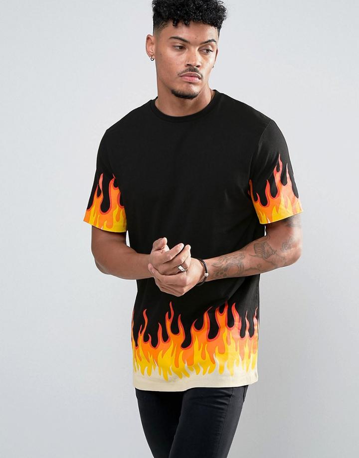 Asos Longline T-shirt With Flame Print Hem And Cuff - Black