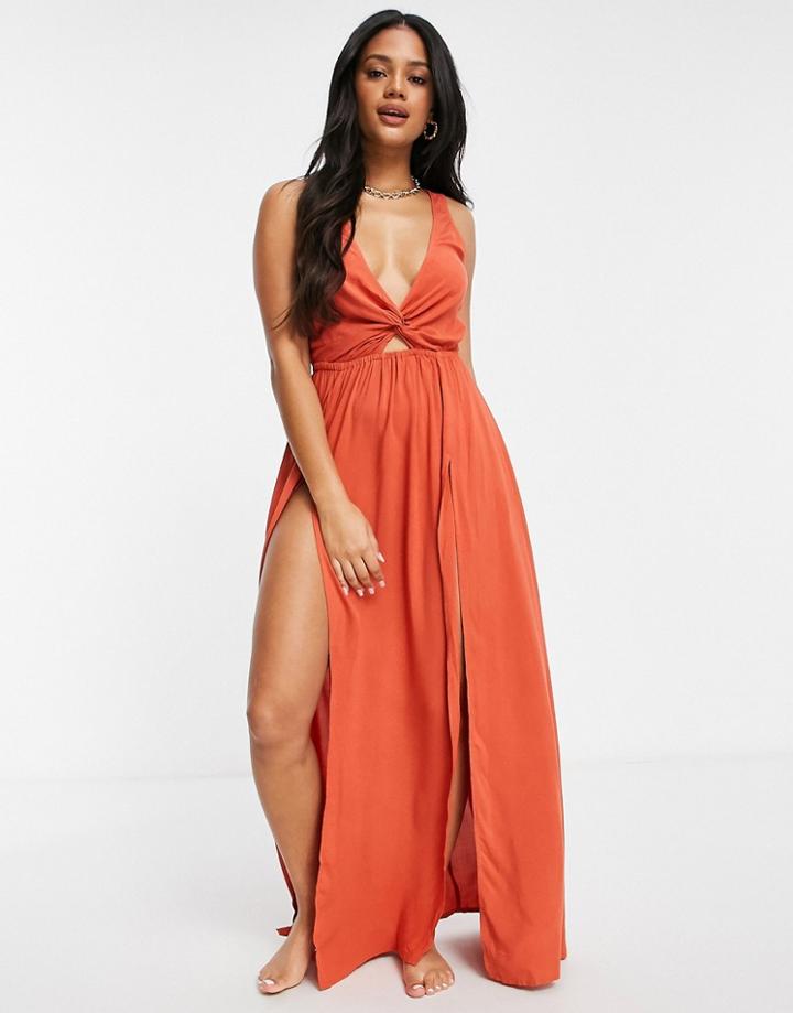 Asos Design Tie Back Beach Maxi Dress With Twist Front Detail In Rust-brown