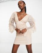Asos Design Long Sleeve Frill Textured Mesh Cut Out Mini Dress In Light Tan-neutral