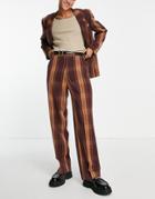 Asos Design Wide Leg Suit Pants In Brown Tartan