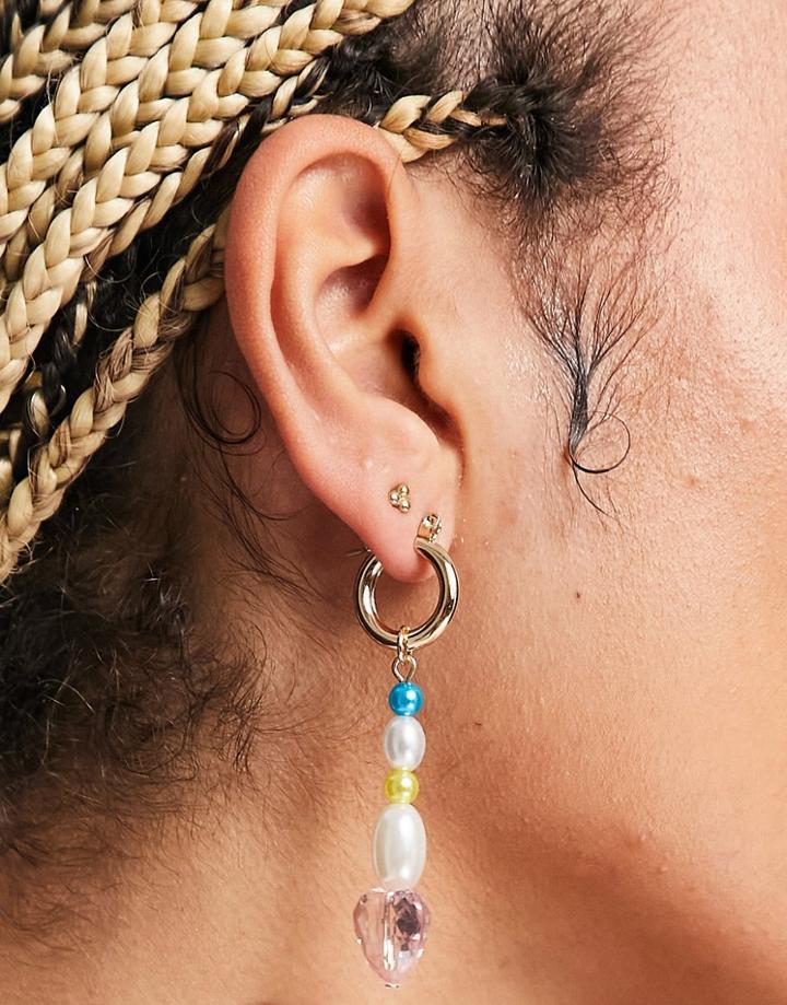 Topshop Mixed Bead And Faux Pearl Heart Drop Hoop Earrings In White Mix-multi