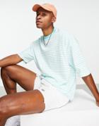 Asos Design Oversized Stripe T-shirt In Turquoise With Chest Embroidery-red