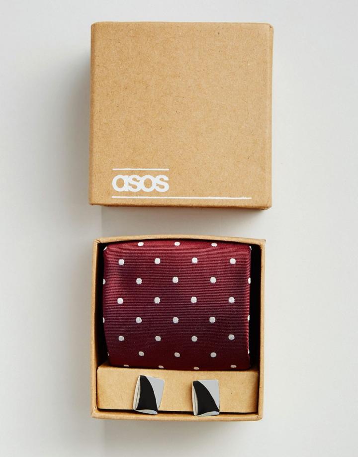 Asos Wedding Polka Dot Tie And Cufflink Pack - Burgundy