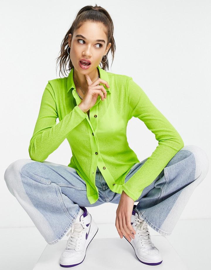 Topshop Plain Mesh Shirt In Lime-green
