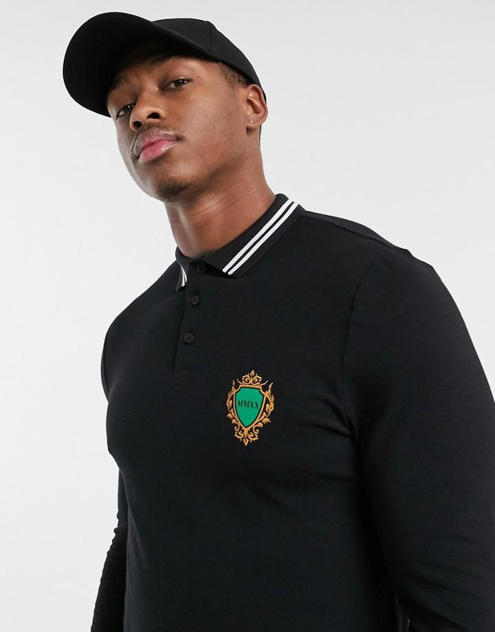 Asos Design Organic Cotton Blend Long Sleeve Skinny Polo With Chest Emblem And Tipping-black