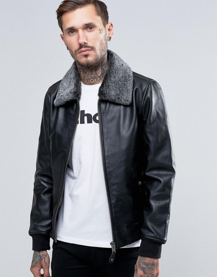 Schott Leather Flight Jacket Detachable Faux Fur Collar - Black