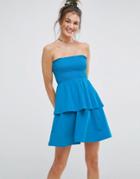Asos Bandeau Shirred Mini Sundress With Peplum Hem - Blue